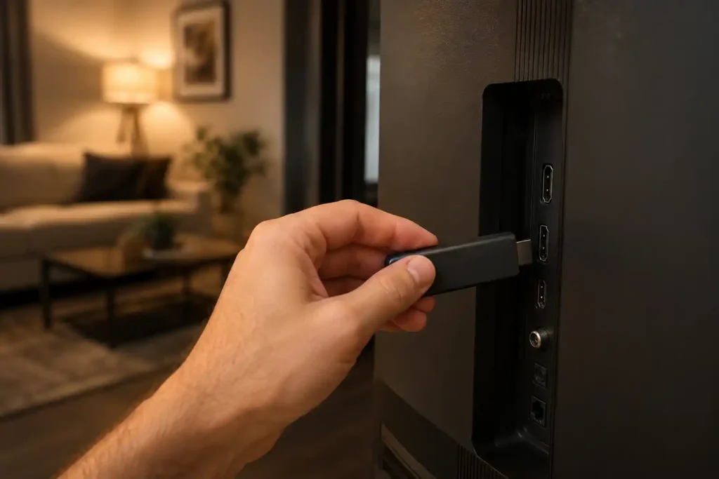 Plugging a Firestick into a TV to set up an IPTV UK subscription